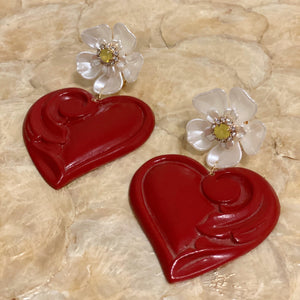 Wooden Hearts Earrings / flower with yellow rhinestone