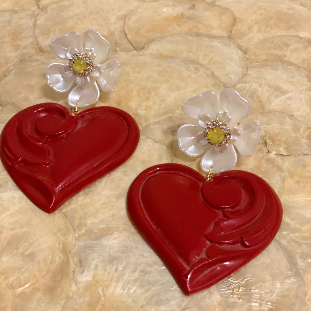 Wooden Hearts Earrings / flower with yellow rhinestone