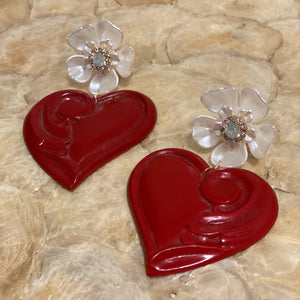 wooden hearts earrings/ flower with clear rhinestone