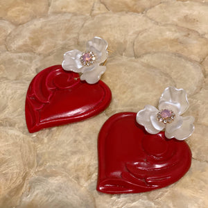 Wooden Hearts Earrings dual-use/ flower with pink rhinestone