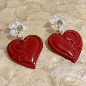 Wooden Hearts Earrings / flower with green rhinestone