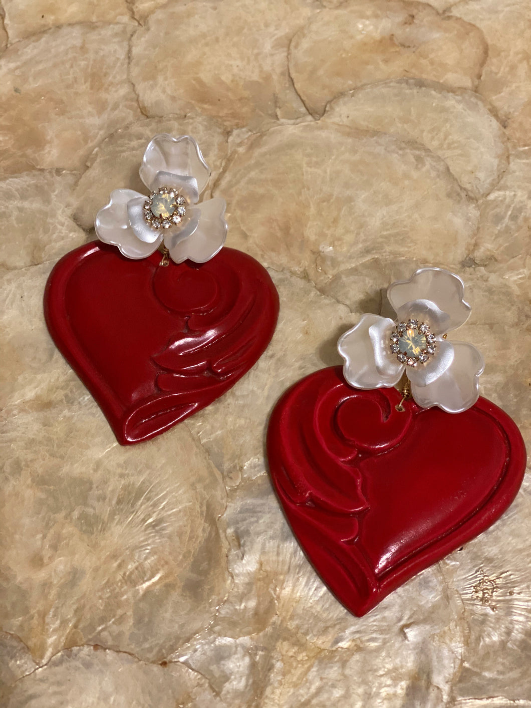 Wooden Hearts Earrings dual-use/ flower with clear rhinestone